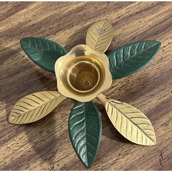 Brass Candle Holder with Green Magnolia Leafs Made in India Solid Brass - Picture 2 of 7